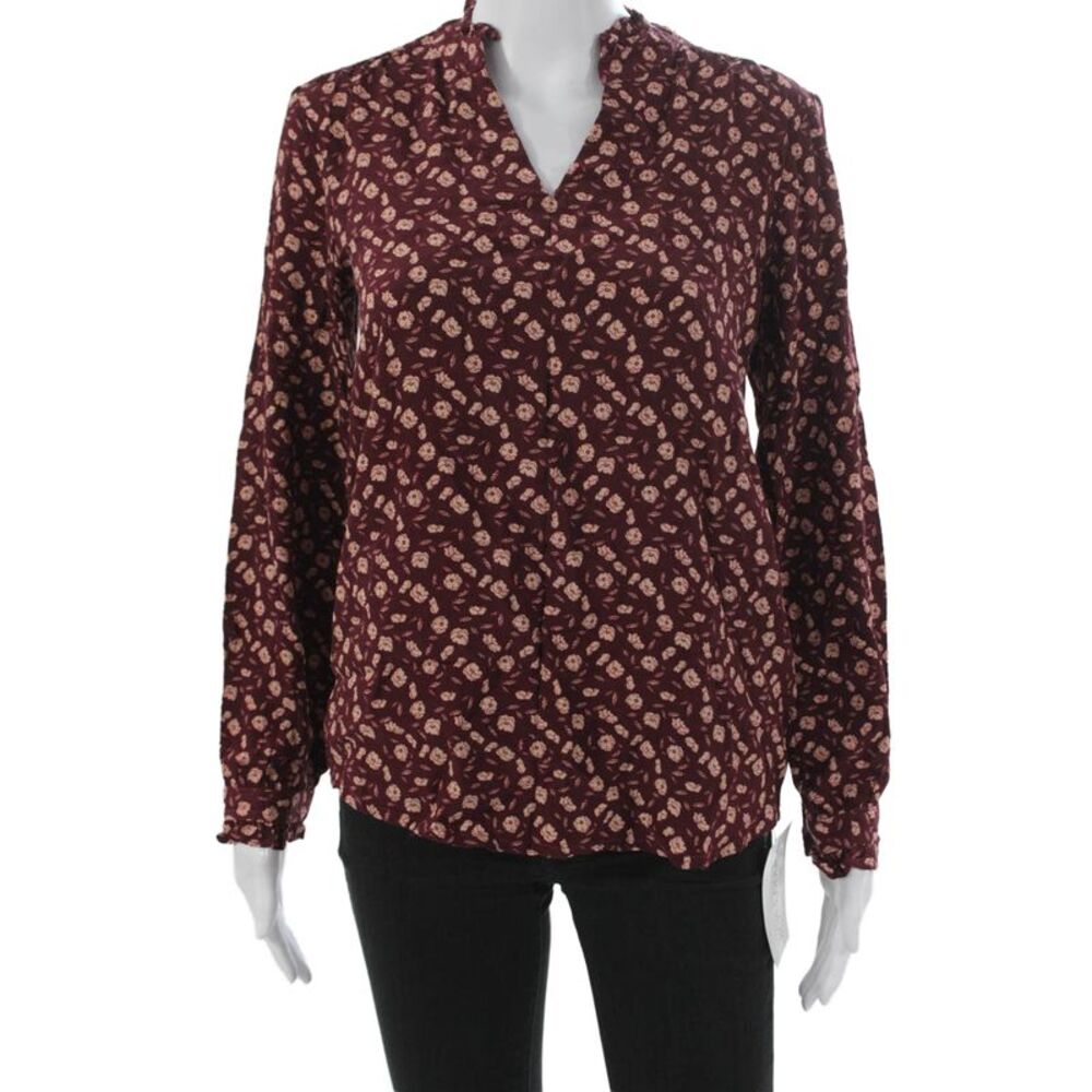 Cyrillus Women Basic Red Floral V-Neck Viscose Blouse Long Sleeve Size 36